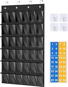 MISSLO Cell Phone Pocket Chart for Classroom with 36 Modern Number Stickers Over The Door Calculator Holder for Wall Mount Clear Hanging Cell Phone Holder Classroom Storage Organizer, Black