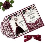 Doris Home 4.7 x7 inch 50PCS Blank Burgundy Quinceanera Invitations Kit Laser Cut Hollow Rose Pocket Quinceanera Invitation Cards with Envelopes for Quincenera Birthday quinceanera Invite