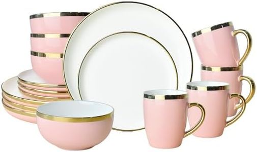 Ceramic Dinnerware Sets for 4, 16-Piece Pink Luxury Plates and Bowls Sets with Gold Rim, Modern Dish Set for Wedding Christmas Anniversary, Crack Resistant | Dishwasher & Freezer Safe