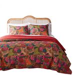 Greenland Home 100% Cotton Kantha Quilted Reversible Bedding Set, Red, King/California King (3 Piece)