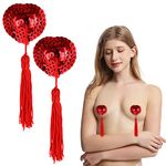 1 Pair Nipple Covers Reusable Adhesive Nipple Stickers Sexy Nipple Tassle Shiny Sequin Heart-Shaped Breast Pasties Bra with Tassel for Women Couples Role Play Costume Game Party Accessory (Red)