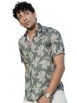 Sorted Green Printed Cotton Slim Fit Shirt for Men - Semi-Cutaway Collar, Half Sleeve, Satin Weave - Perfect for Parties, Date Nights, Beaches, get-Togethers, Brunch and Summer Parties