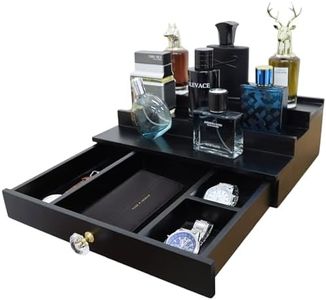 Iswabard Cologne Organizer for Men 3 Tier Stand with Drawer and Hidden Compartment Holder Men, Wood, Ccologne Shelf Gift Perfume Mens Home Decor Tray