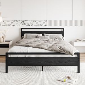 BOFENG Struttura per letto king size con testiera in legno, struttura per letto king size in metallo resistente, con contenitore, senza bisogno di molle, base per materasso/supporto a doghe in acciaio