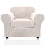 Real Velvet Stretch Chair Covers 2 Piece Armchair Cover Slipcovers - Include Base Cover and Cushion Cover - Sofa Covers Couch Covers 1 Seater Chair Slip Cover, Feature Thick Soft Velour, Ivory