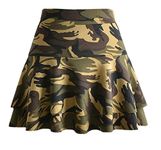 Afibi Casual Mini Stretch Waist Flared Plain Pleated Skater Skirt (Small, Green Camo)