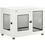 PawHut Double-Door Dog Crate Furniture for Medium Small Dogs, Pet Crate End Table with Water-Resistant Cushion, Wooden Dog Kennel Furniture for Indoor Use, White