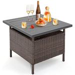 RELAX4LIFE Rattan Dining Table, Outdoor Wicker Coffee Table with Umbrella Hole & Slat Tabletop, Square Side Tea Table for Patio Garden Backyard Poolside (With 5CM Umbrella Hole)