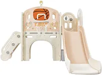 7 in 1 Slide Set for Kids,Kids Indoor Climbers Playground，Freestanding Castle Climbing Crawling Playhouse with Slide,Arch Tunnel,Ring Toss,and Basketball Hoop,Toy Storage Organizer for Toddlers Pink