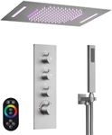 GRANDJOY Thermostatic Rainfall Shower System, 23" x 15" Ceiling Waterfall Faucet Set with Handheld Sprayer & 64 Led Light, Brushed Nickel