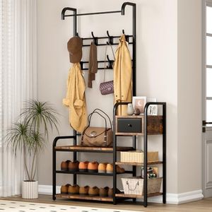 GarveeHome Hall Tree Shoe Bench, 5-in-1 Hall Tree Storage Bench for Entryway, 8 Sturdy Hooks, Industrial Entryway Bench with Storage Drawer, Coat Rack for Apartment, Bedroom, Rustic Brown