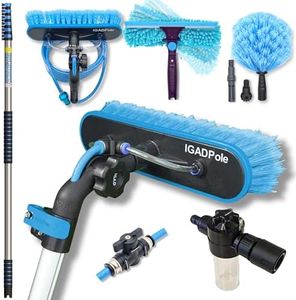 IGAD Pole 28ft Washing Kit: Water-fed Brush, Cobweb Duster and 10”(25cm) Squeegee and Soap Dispenser, with 6-stage Telescoping Pole 5.5-27ft Pole (8.6m) and & 1ft Curved Extension