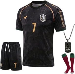 Oediaiy Kids Soccer Jersey Uniform Set 4pc Youth Football Shorts Socks Necklace - Quick Dry Training Gear Gift Boys Children (BLACK#7, 10-11 Years)