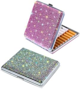 2 Pcs Cigarette Case Bling Crystal for Women, 18-20 Capacity Metal Sturdy Cigarette Box, Portable Double Sided Spring Clip Open Pocket Holder for Girls Lady Men Gift for Smoker (Pink + AB)