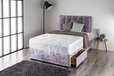 Home Furnishings UK Crushed Velvet Divan Bed Set with a Memory Sprung Mattress and Matching Buttoned Headboard (No Drawers) (4FT6 Double, Purple)