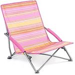 Trail Outdoor Leisure Low Folding Beach Chair, Lightweight Portable Camping Festival Picnic Lounger Seat, Padded Armrests, Carry Bag with Strap (Pink Stripe)