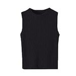 Women Ribbed Knitted Sleeveless Crop Tank Top Round Neck Simple Solid Color Stretchy Slim Fit Basic Sweater Vest Shirts Black, One Size