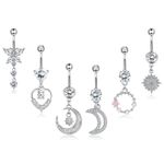 BodyBonita 6Pcs 14G Surgical Stainless Steel Dangle Belly Button Rings for Women Moon Heart Sun Flower Dangle Belly Rings Barbell Navel Rings Belly Body Piercing Jewelry