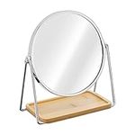 Navaris Tabletop Mirror with Tray - Double-Sided 1x/2x Magnifying Makeup Mirror with Bamboo Base - For Dressing Table, Bathroom, Bedroom - Silver