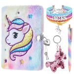 Plush Unicorn Notebook Set - Magic Journal for Girls Private Kids Diary Embroidery School Travel Notepad Gel Pen Key Rings Bracelets Locks Keys Birthday Christmas Gift