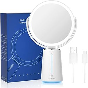 CHICLEW Makeup Mirror With Light, Illuminated Magnifying Mirror 10X / 1X, Double Sided LED Vanity Mirror 360° Rotation, USB Rechargeable Light Up Table Mirror with Smart Touch Activated Slider