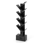 CASART 10-Tier Tree Bookshelf, Slim Tall Floor Standing Bookcase with Drawer & Wall Anchor, Wooden Display Shelving Storage Rack for Living Room Bedroom Office (Black)