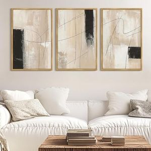 PHOPAGO Abstract Framed Wall Art Large 24x36in Neutral Beige Mid Century Textured Artwork Decor Modern Black Minimalist Line Illustrations Prints Home Decor - Natural Framed