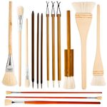 15pcs Pottery Glaze Brushes, Wood Long Handle Artist Fan Paint Ceramic Brushes Set Art Painting Tools for Acrylic Watercolor Pottery Oil Painting Students Kids Adults