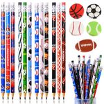 63 pcs Sports Pencils with Sports Ball Erasers, 48 pcs Funny Cute Wooden Pencils HB Drawing Pencil with 15 pcs Erasers for Kids Sport Party School Stationery Student Reward Teacher Office Supplies