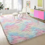 PAGISOFE 3x5 Fluffy Soft Rainbow Rug, Bedside Preppy Dorm Area Rug for Girls Bedroom,Pink Shaggy Kawaii Rug for Kids Room,Nursery,Toddler's Room,Cute and Colorful Room Decor for Kids