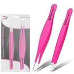 Professional Eyebrow Tweezers Set 2-Piece Slant & Point Precision Tip, Stainless Steel Precision Tweezers Kit for Ingrown Hair Removal and Lash Extensions, Crafted for Professional Use (Hot Pink)