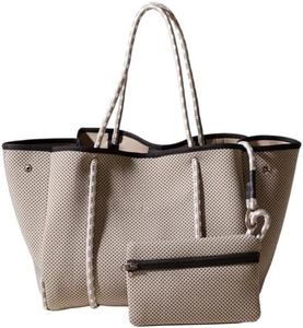 POPUPS Large Neoprene Tote Bag for Women - Everyday Designer Handbag for Travel Work and Beach with Pockets and Zipper Pouch (Dotted Taupe)