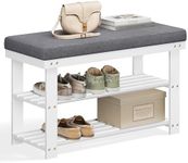 SONGMICS Bamboo Shoe Bench, 3-Tier Shoe Rack, Stable Shoe Organizer for Entryway, Living Room, Bench Seat Holds Up to 330 lb, 11.4 x 28 x 19.3 Inches, White and Gray ULBS604W01