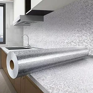 Kitchen Backsplash Waterproof Oil Proof Aluminum Foil Sticker, Texture Peel and Stick Wallpaper Removable and Self Adhesive Paper for Kitchen Countertops Desk Cabinet (15.7"x394", Silver Texture)