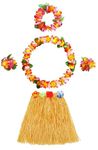 5Pcs Hawaiian Leis Hula Grass Skirt Set, Hawaiian Flower Leis Necklace Headband Bracelets Luau Skirts, Hawaii Luau Skirts Necklace Costume For Kids and Adults Summer Beach Tropical Party Decorations