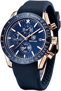 BENYAR Classic Fashion Quartz Chronograph Watch Casual Sport 30M Waterproof Leather Band Mens Watches (Golden Blue)