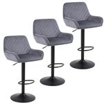 ralex-chair Bar Stools Set of 3, Height Adjustable Velvet Fabric Swivel Barstool Bar Chairs, Breakfast Dining Stools With Backrest and Armrest for Bar, Counter and Kitchen, Grey