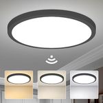 Yafido 28W LED Ceiling Light with Radar and Twilight Sensor, 30CM 3000K/4000K/6000K Black Round Ceiling Light with Motion Detector, for Hallway, Stair, Porch, Garage, Balcony