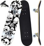 ANYFUN Pro Complete Skateboards for Beginners Girls Boys Kids Youths Teens Adults 31"x8" Skate Boards 7 Layers Canadian Maple Double Kick Deck Concave Longboard (Skull)