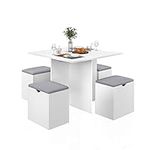 Mondeer Dining Table Set, Table and 4 Stools with Soft Cushion Wooden Space Saving for Dining Room Kitchen, L80 x W80 x H75 cm, White and Grey