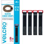 VELCRO Brand VEL-30791-AMS Elastic Cinch Straps with Buckle | 8in x 1in, Pk of 4 | Fully Adjustable and Stretch for Snug Fit | for Fastening Power Cords, Ropes, Organizing Cables, More | Black