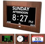 CAZOKASI Clock With Day And Date For Elderly Calendar Digital Alarm Options, Level 5 Auto Dimmable Display,Extra Large Impaired Vision（7in / Woodgrain）