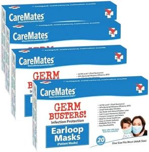 CareMates Soft Disposable 3-Ply Elastic Earloop Patient Mask, Fluid Resistance, 99% Bacterial & Small Particle Filtration, Breathable, 20-count Pack of 4