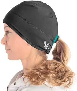 SLS3 Running Beanie with Ponytail Hole for Women - Moisture-Wicking Winter Hat for Cold Weather - Lightweight & Reflective Ponytail Beanies for Women, Ideal Cold Running Gear (Black/Martinica Blue)