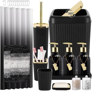 WSBArt 32PCS Bathroom Set Bathroom Sets with Shower Curtain and Rugs Black Bathroom Accessories,Shower Curtain Set,Bathroom Rug Set with Bathroom Trash Can