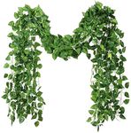 Artificial Ivy Garland, 12 Pack 84 Feet Fake Ivy Hanging Vines, Green Leaves Fake Plants for Wedding, Party, Garden, Office, Bedroom Decoration(Scindapsus Leaves)