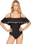 ATHENA Women's Cold Shoulder One Piece Swimsuit, Hey There Stud Black, 8