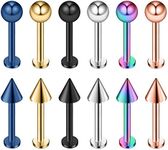 Ruifan 12PCS Assorted Colors Stainless Steel Ball & Spike Labret Monroe Lip Ring/Tragus/Helix Earring Stud Barbell Body Piercing Jewelry 14G 8mm