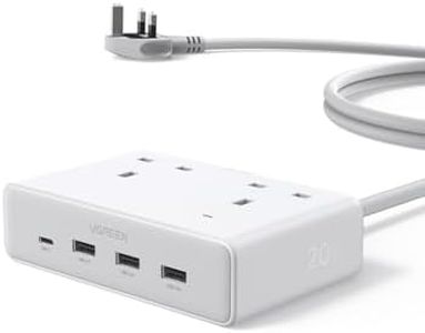 UGREEN Extension Lead with 4 USB Slots, 2 Way 2990W Max Multiple Plug with 1.5m Extension Cable, Compatible with iPhone 17/16/15/14, iPad Pro/Mini, Suitable for Home/Office, White