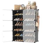 Mevigo Shoe Rack Plastic - 24 Pairs Portable Shoe Rack for Home, DIY Shoe Storage Organizer for Closet with Dustproof Door for Heels/Slippers/Boots for Entryway & Bedroom - Black